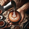 An up close shot of a barista creating latte art with the capti